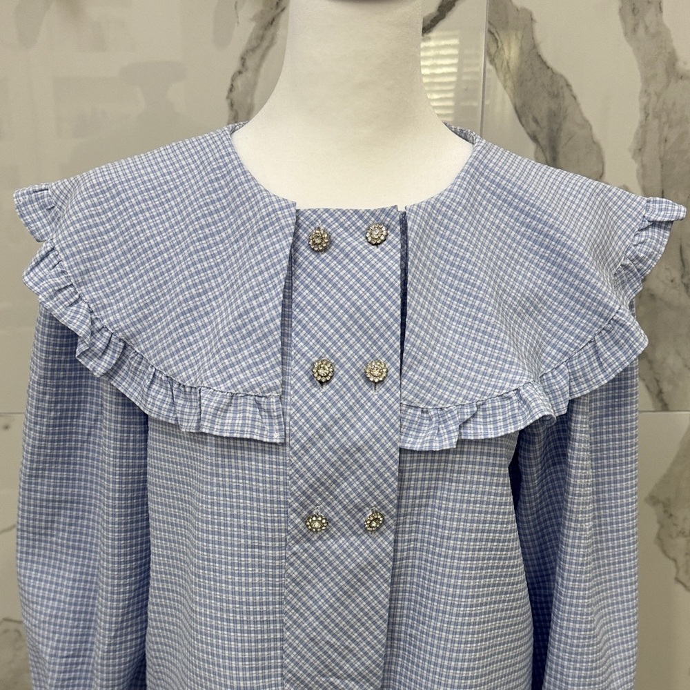 J.ING Light Blue Gingham Ruffle Collar Blouse - Picture 2 of 9